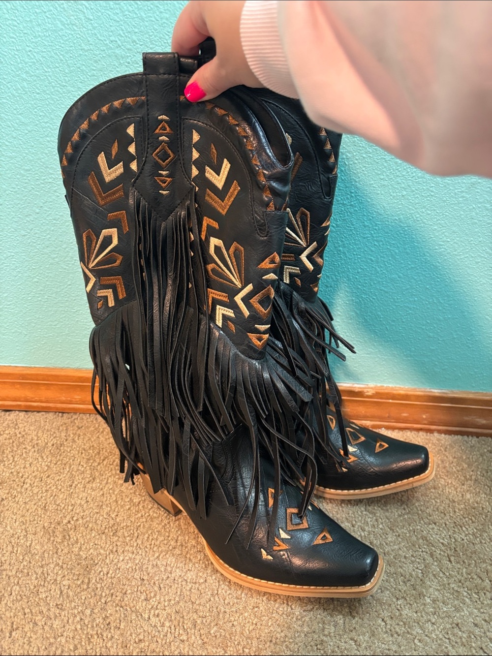 Black Fringe Western-Heel Boots with Tan Embroidery